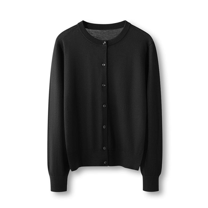 2026 Women's Elegant Fine Wool Cardigan - Loose, Slimming, Round Neck, Solid Color, Single-Breasted Outerwear