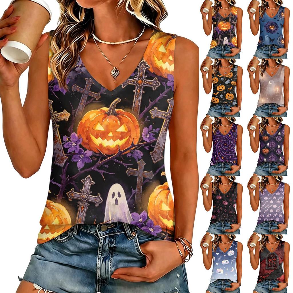 Women's V Neck Casual Halloween Print Top for Holiday Party