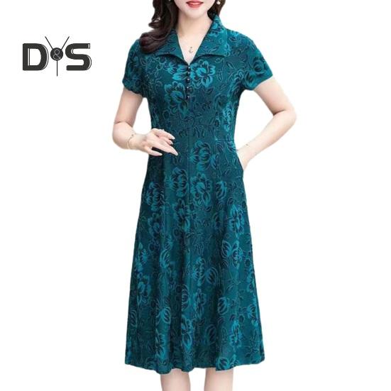 

Женское длинное платье весна-осень с V-образным вырезом, воротником-лацканами, цветочным принтом, короткими рукавами, А-силуэта, для женщин среднего возраста, повседневное платье миди длиной до колена 4XL синий