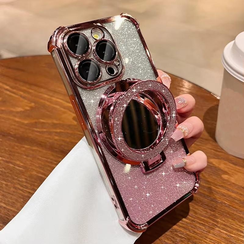 For iPhone 18 17 16 15 14 Pro Max Series Bling Glitter Mirror Kickstand Full Lens Protect Phone Case