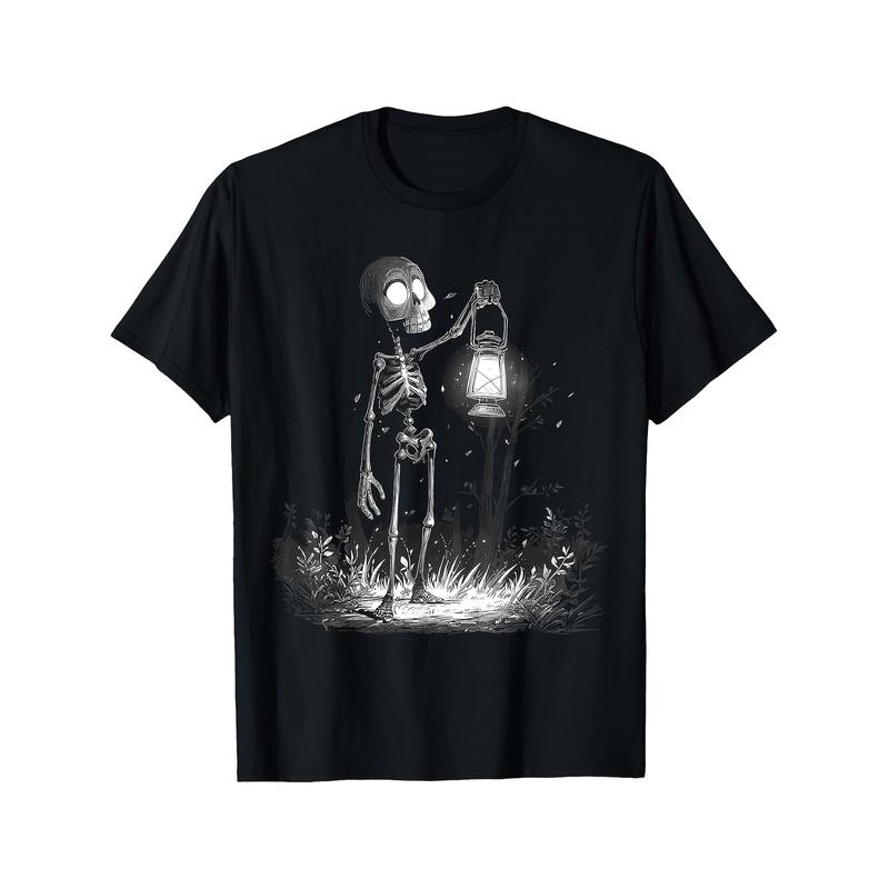 Skull Holds Lantern Motif Forest Nature Artwork Skull T-Shirt