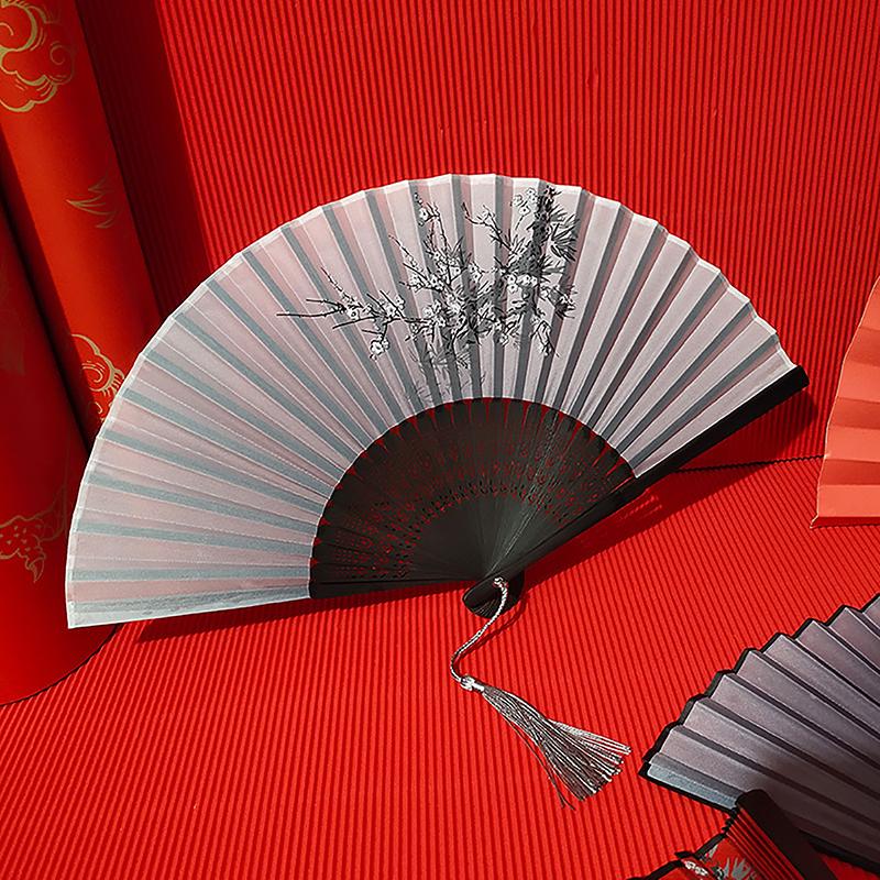 Vintage Chinese Style Folding Fan Bamboo Hand Fan Wooden Shank Classical Dance Fan With Tassel Elegent Female Fan Home Decor