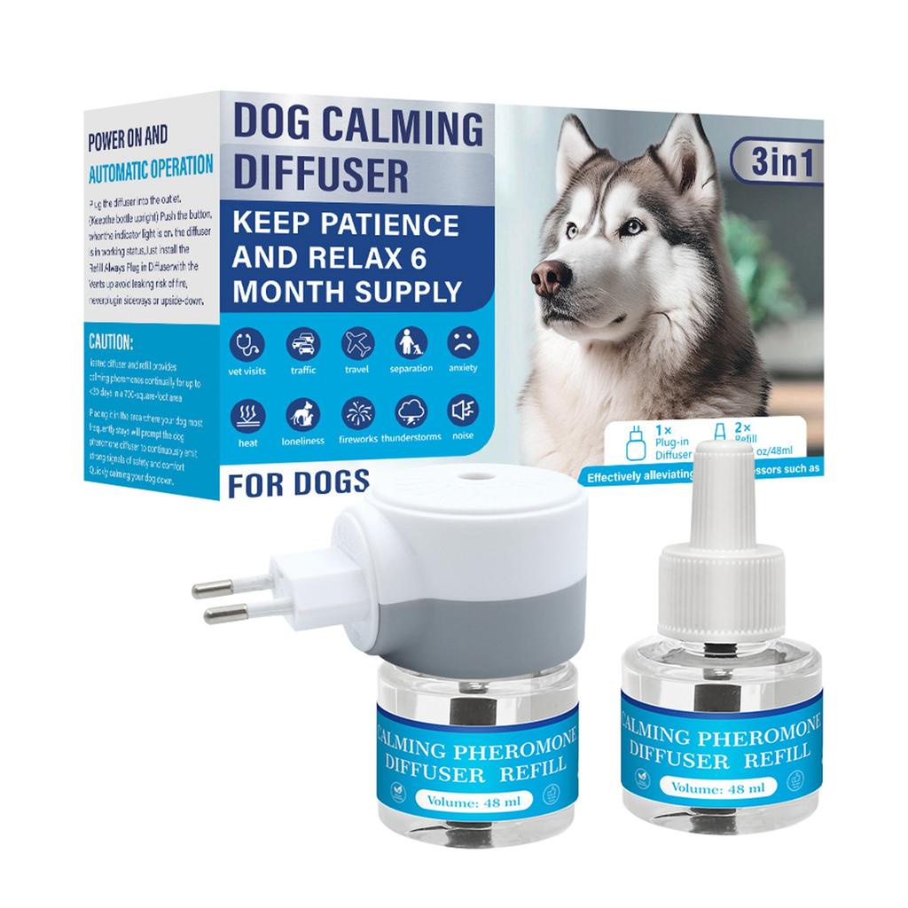 Difusor Calmante para Mascotas, Feromonas para Mascotas 3 en 1, Feromonas Relajantes para Alivio del Estrés y la Ansiedad de Mascotas, Reduce la Agresión y los Ladridos, 1 Difusor 2 Recambios(48 ml*2)