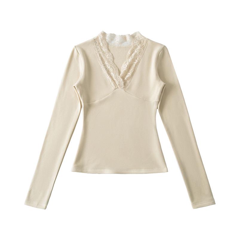 Korean Style Lace Trim V-Neck Slim-Fit Fleece Long Sleeve Women's Top