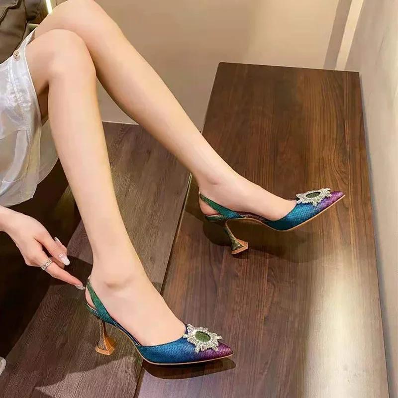 2024 New Gradient Rainbow 3D Sandals Sun Buckle Rhinestone Slippers Wine Glass Heel Fashion Women's Shoes