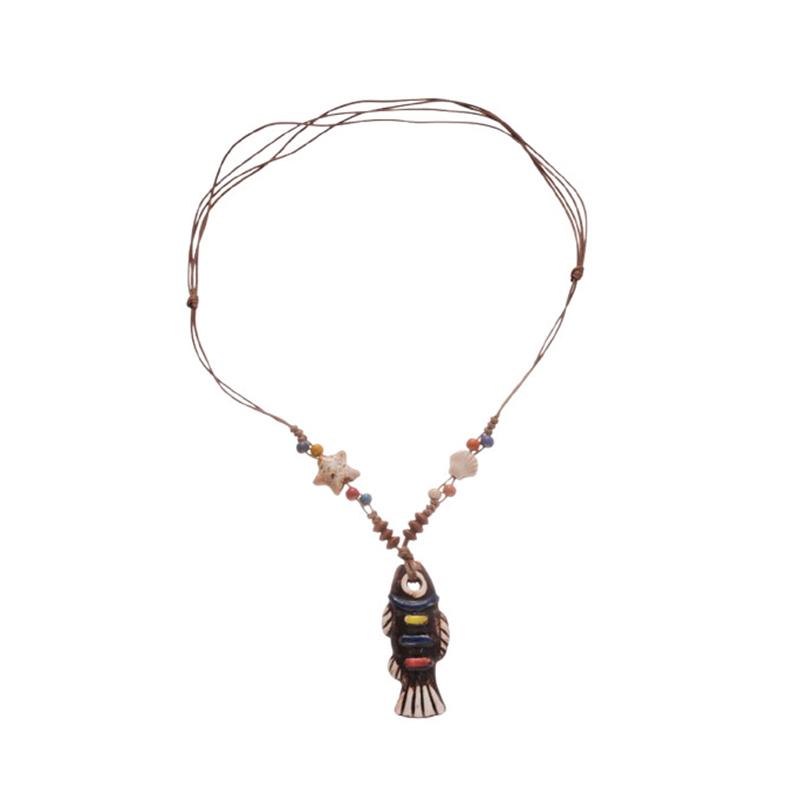 Ethnic Style Y-Shaped Ceramic Fish Necklace for Women Wooden Rope Handmade Bead Tassel Charm Bohemian Style Exquisite Accessory