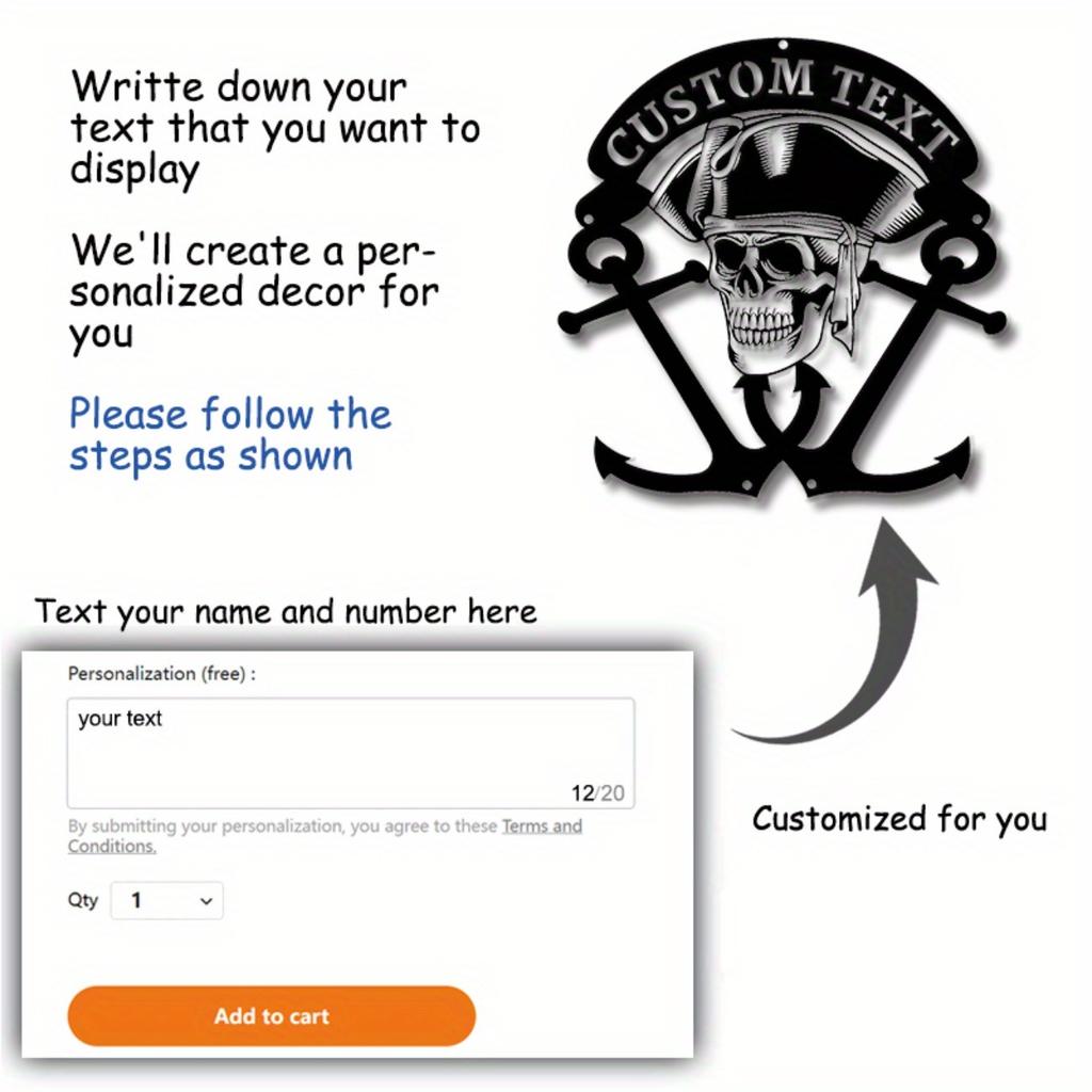 Custom Pirate Skull Anchor Metal Wall Art, Nautical Home Decor Personalized Family Sign