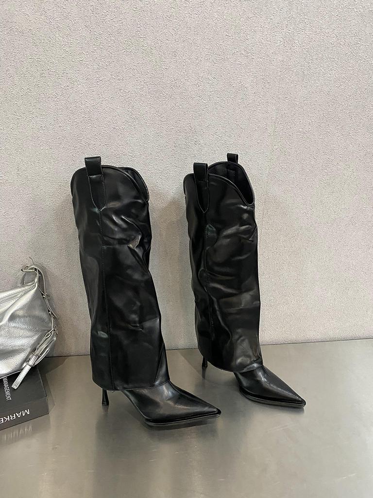 Fashion Pointed Toe Women Knee High Boots Stiletto Thin High Heels Beige White  Brown Slip On Fashion Dress Shoes Woman Size 35-40