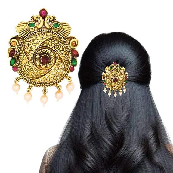 Traditional Temple Design Gold-Plated Hair Barrette Clip with Pearl Dangling Accents