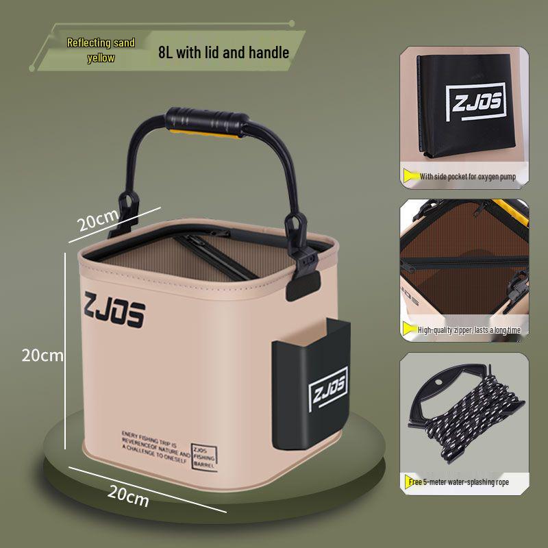 

Foldable Multi-Functional Water Bucket: Portable, Wear-Resistant Fishing & Car Wash Utility 8L 20cm without net + rope пустельний/жовтий