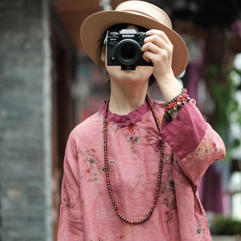 Johnature Spring Summer Women Collar Print Chinese Style Vintage Dress Color Blocking Long Sleeve Dresses