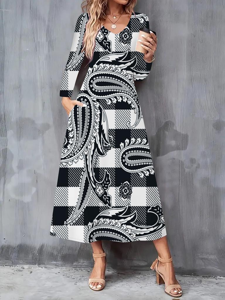 2025 Herbst und Winter Neues Damen Casual Modekleid 3D Retro Musterdruck Langarm V-Ausschnitt A-Linien-Kleider