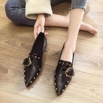 Fashion Women's Spring 2025 New Rivet Women's Pointed Toe Thick Heels Fashion British Style Loafer Female Slip On Shoes Zapatillas Mujer