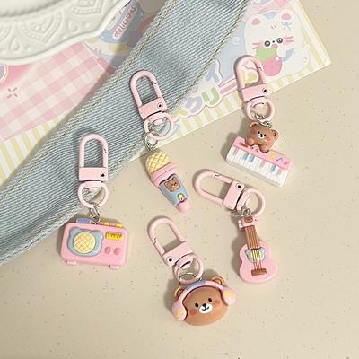 Cute Pink Music Bear Keychain For Women Girls  Anti-Lost Lanyard Exquisite Creative Keychain Bag Decoration Perfect Gift
