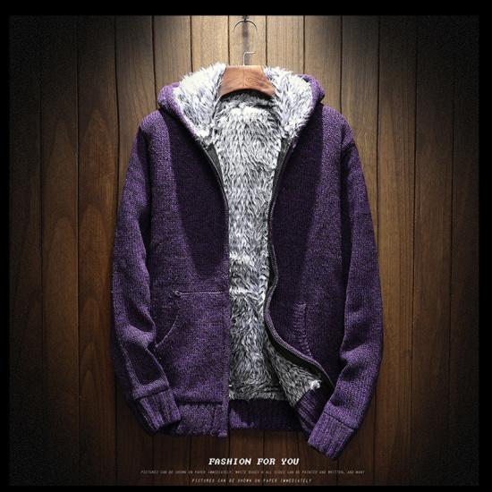 2025 Осень и зима мужской бархатный толстый кардиган с капюшоном свитер куртка молодежный теплый вязаный свитер топ M фиолетовый 3347₽