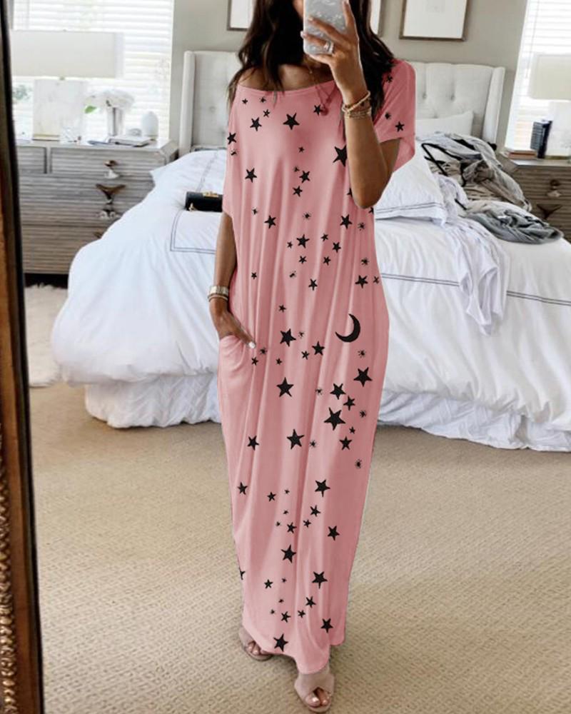 Women's Star Moon Print Short Sleeve Long Dress - European and American Style