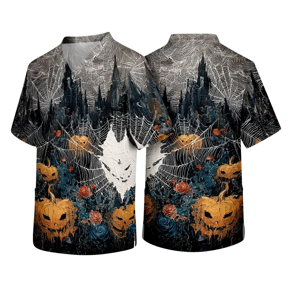 Men's V Neck Halloween Print Scrub Top with Chest Pocket Short Sleeve Medical Work Shirt for Healthcare Professionals and Caregivers