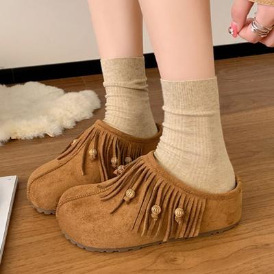 Fashion 2025 New Fringe Bead Platform Women Slippers Fashion Casual Classical Slingback Shoes Elegant Suede Autumn Zapatillas De Mujer
