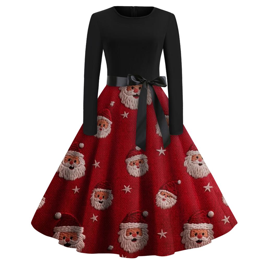 Women's Fashion Round Casual Slim Fit Christmas Print Large Swing Long Sleeve Dress