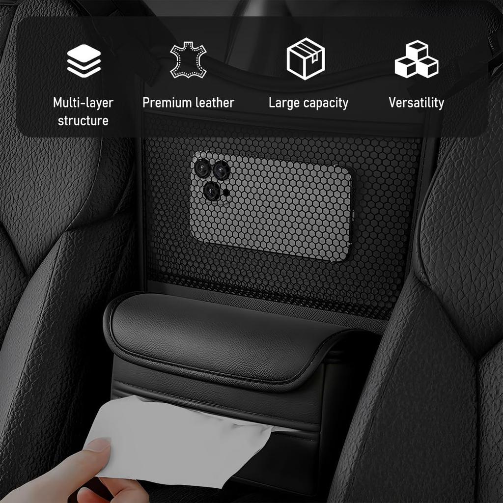 Car Organizer Storage Between Seats, Nappa Leather Front Seat Storage Bag with Tissue Holder, Automotive Console Hanging Net Pocket Handbag Holder