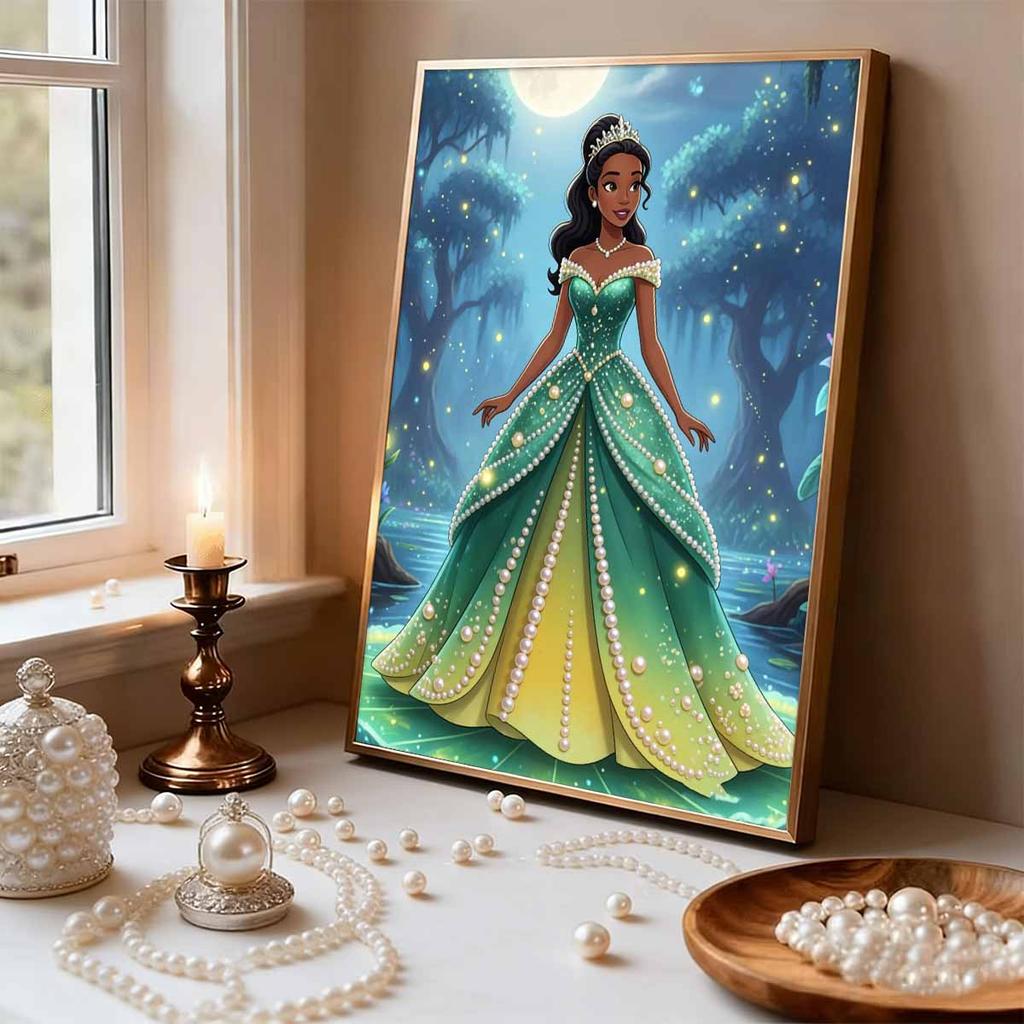 Disney Pearl Painting Princess Tiana Green Gold Gradient Skirt Creative 5D Exquisite Landscape Sparkling Craft Home Wall Decor DIY Handmade Gift