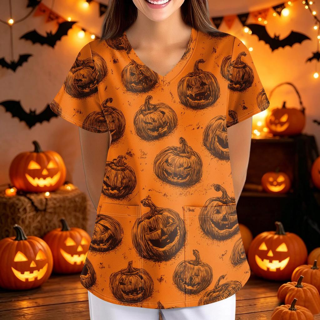 Women Halloween Print Loose Fit V Neck Short Sleeve Scrub Top Nurse Uniform with Pockets Suitable for Healthcare Professionals
