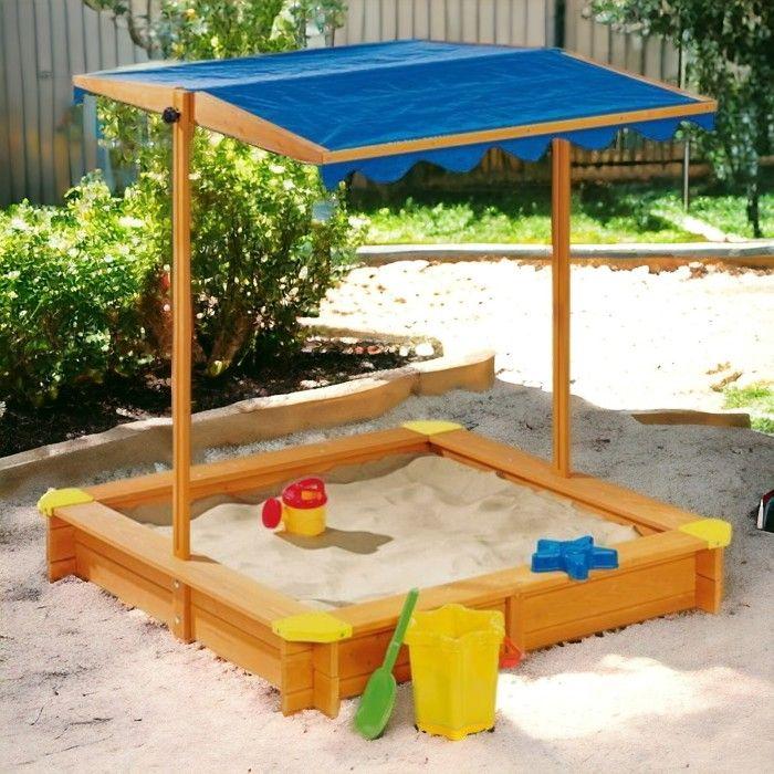 Sandpit - GINGER HOME Children's Sandpit - 360° Adjustable Canopy - UV Protection 30 - Solid Pine Wood