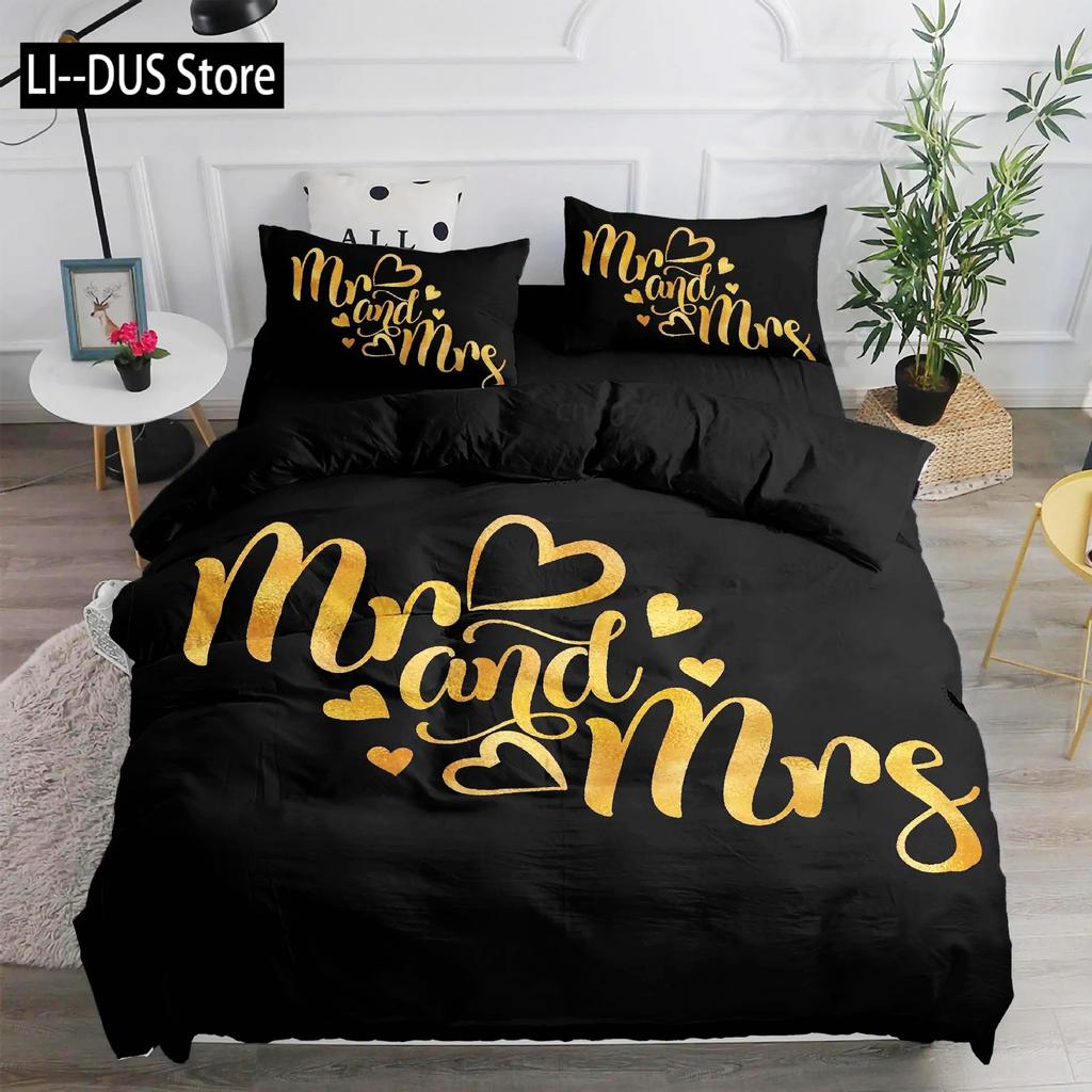 Black and White Duvet Cover Queen/King/Full Size Mr and Mrs Bedding Set 3Pieces Soft Microfiber Couple Romantic Comforter Cover