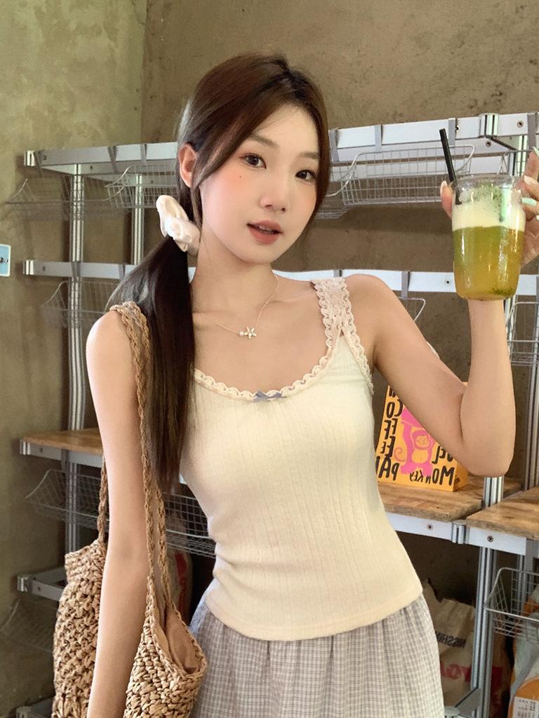 French pure desire bow lace suspender vest women's summer wear sweet age-reducing thin top