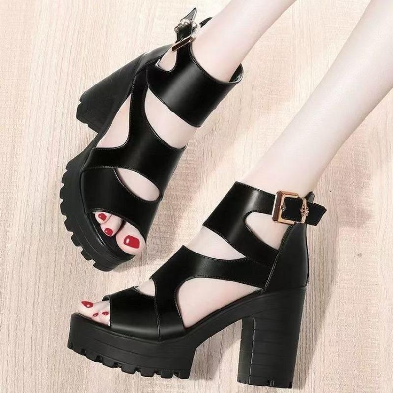 Neue Stil Fisch-Zehen-Ledersandalen mit Hohlmuster, Damenschuhe mit dickem und mittlerem Absatz