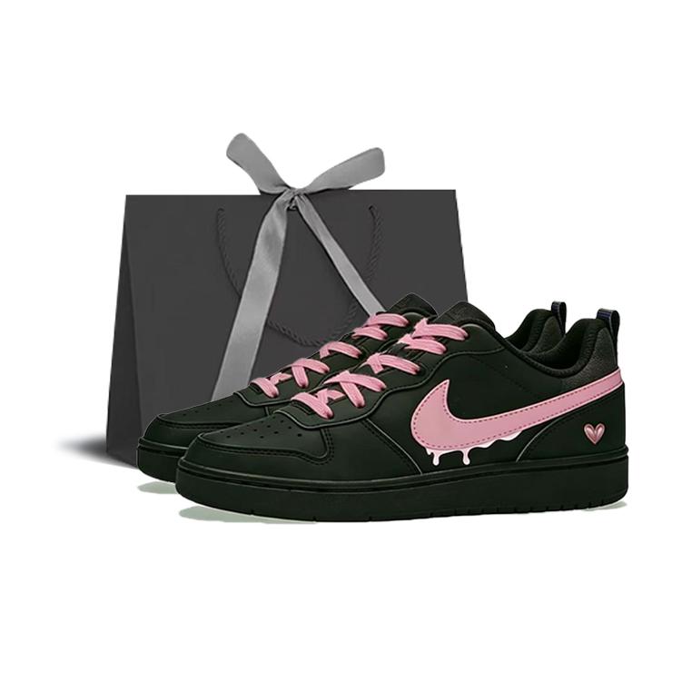 Nike Court Borough 2 Flowing Leather Abrasion Resistant Lightweight Low Top Skateboard Shoes Women's Black Pink DV5456-002(Team1960-)