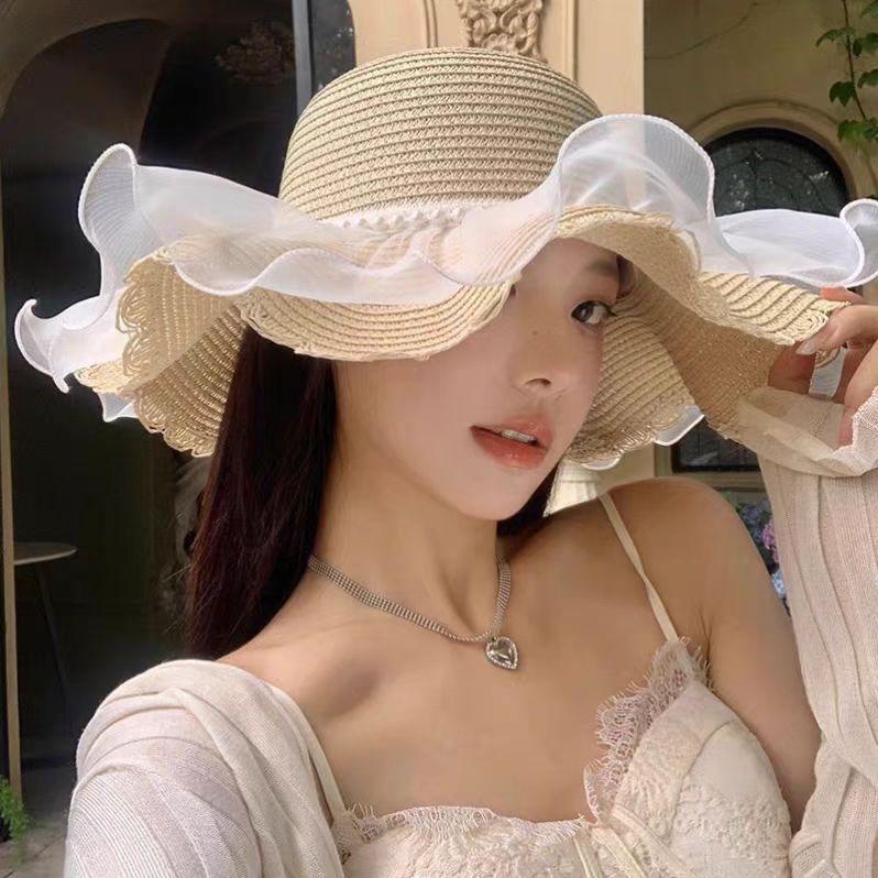 Lace Bow Straw Hat Women's Summer French Large Brim Sunscreen Hat Seaside Beach Vacation Sun Hat