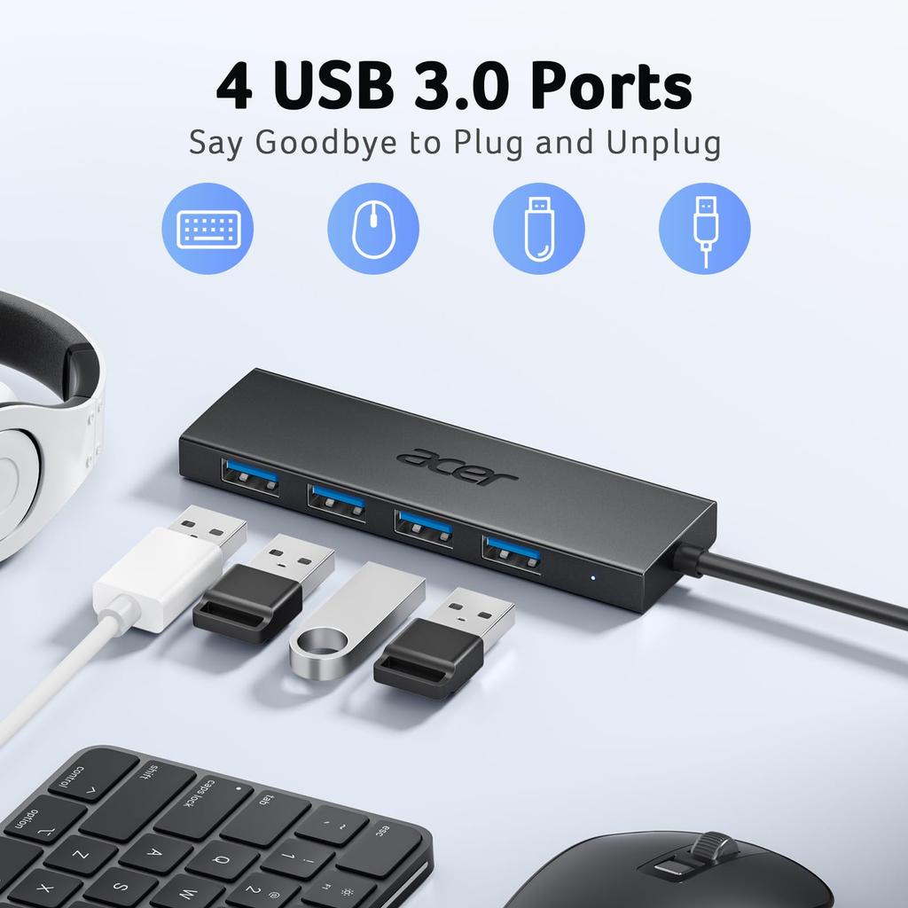 Acer USB Hub 120cm Extension Hub for Expansion and Data and Compatible with and Ideal for Working from and Gaming (4-in-1, 5Gbps) Cable, 4-Port
