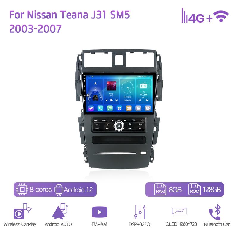 9Inch For Nissan Teana J31 SM5 2003-2007 GPS Navigation Radio Android12 8+128G 8Core CarPlay 4G 360Camera Car Multimedia Player