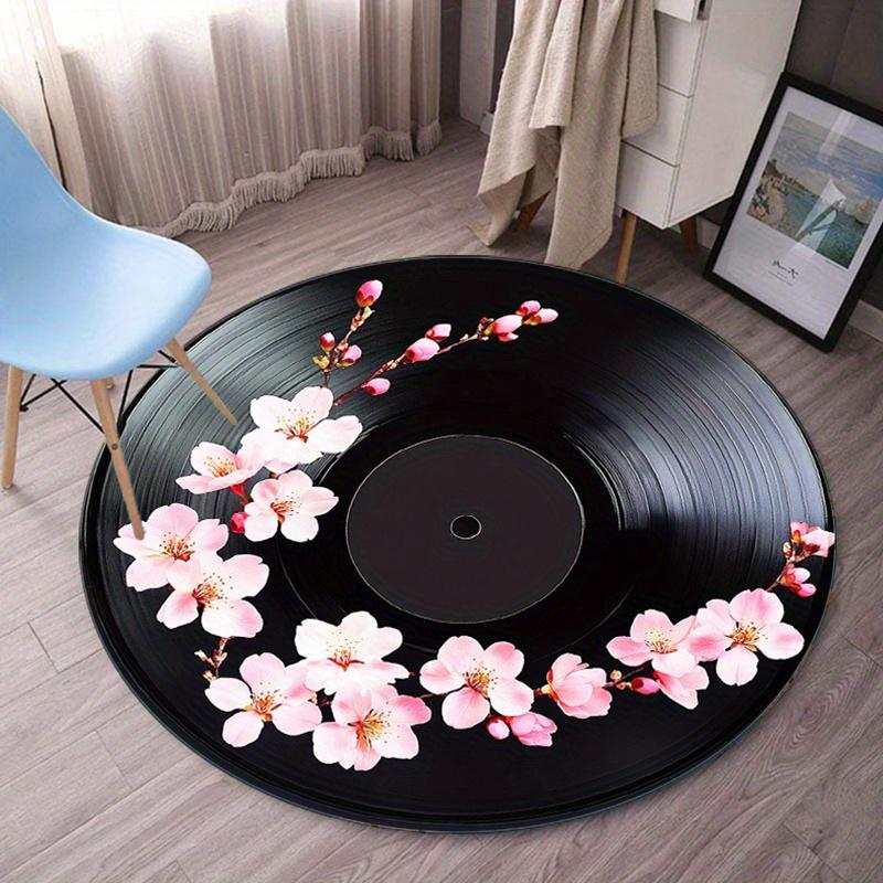 

Vinyl record cherry blossom round rug crystal velvet floor mat music lover decor retro style living room bedroom carpet 60cm