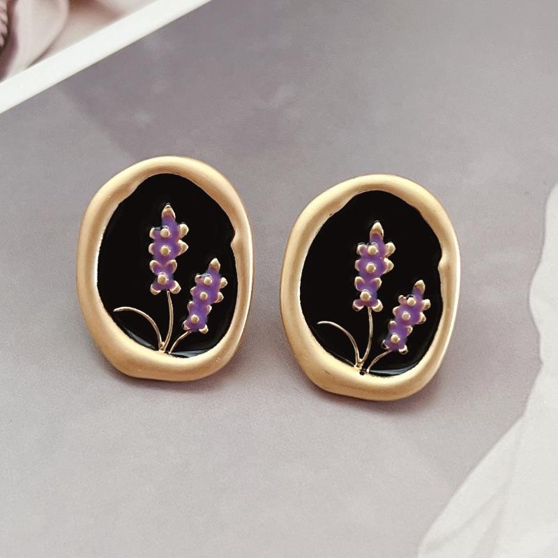 

Французские ретро лавандовые цветочные эмалевые серьги-пусеты из серебра 925 пробы