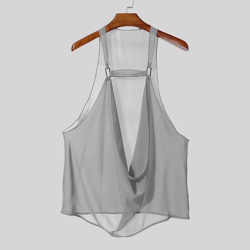 INCERUN Ανδρικά Αμάνικα Διάφανα Διχτυωτά Τοπ Τανκ με Λουράκια και Κολάρο Ζιβάγκο για Πάρτι και Κλαμπ