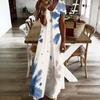 Women Plus Size V Neck Short Sleeve Abstract Floral Printed Long Dress