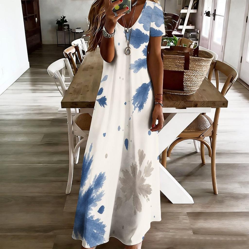 Women Plus Size V Neck Short Sleeve Abstract Floral Printed Long Dress