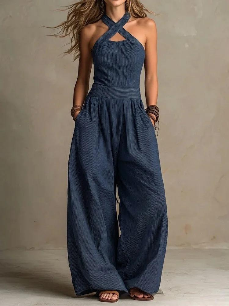 2026 European and American cross-border independent station Amazon's new sleeveless lazy wind pendant feeling neck women's wide-leg jumpsuit