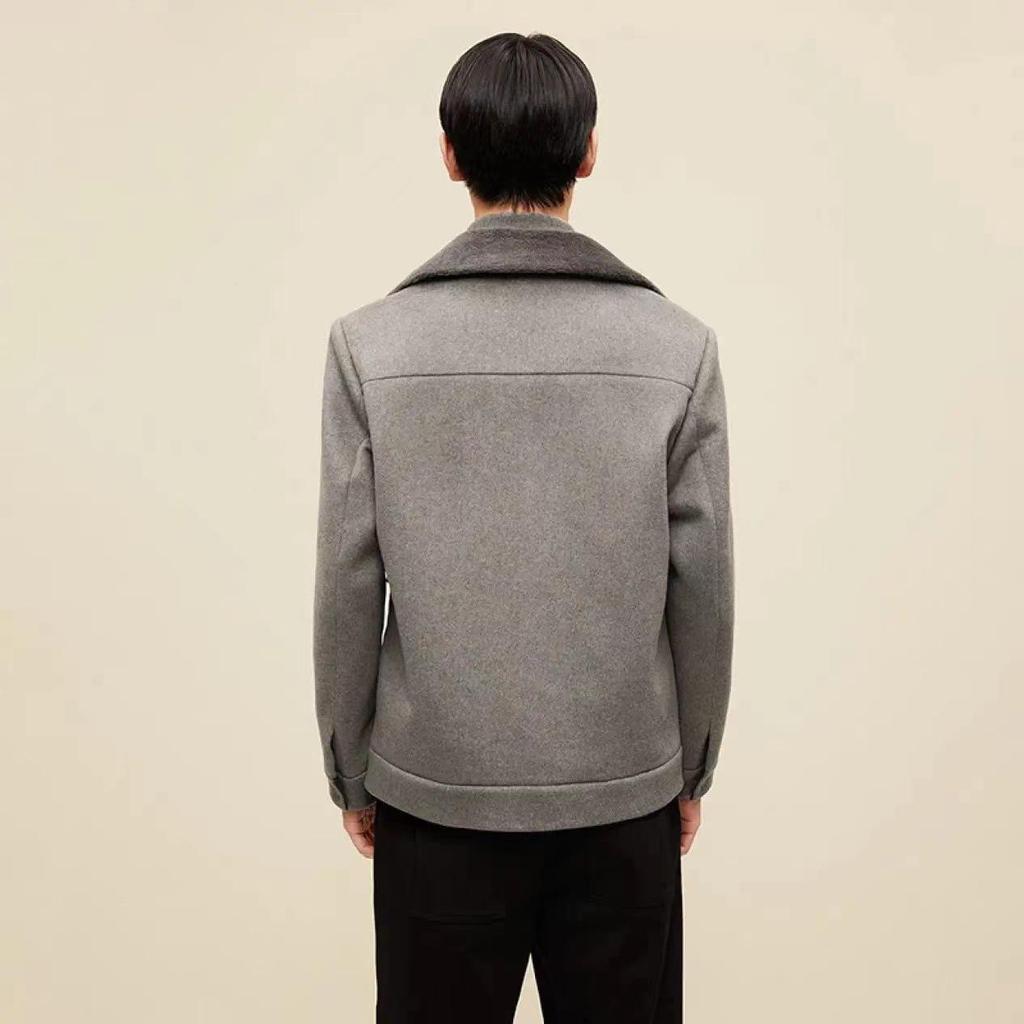 Men's Winter Wool-Blend Coat with Faux Fur Collar and Large Pockets