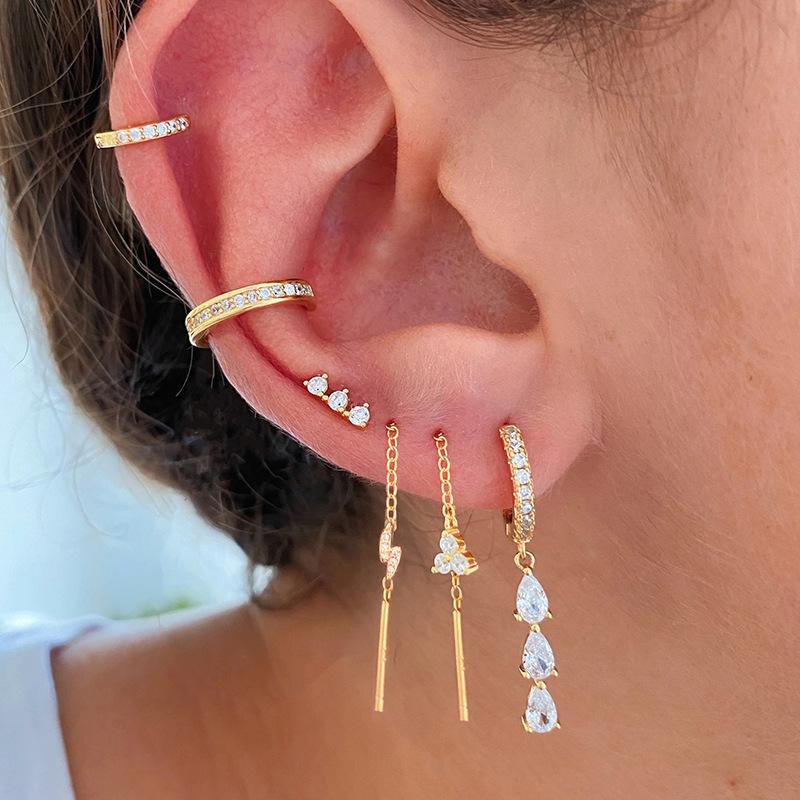 18K Gold Plated Cubic Zirconia Earrings for Women Geometric Drop Triple CZ Dangle Huggie Hoop Jewelry Trendy Style