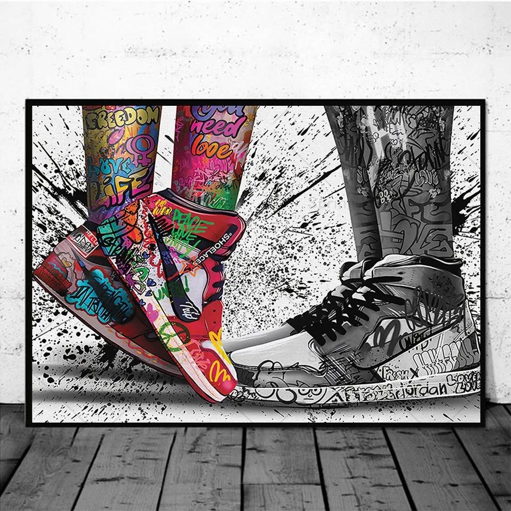 Street Graffiti Abstract Wall Art Poster Sneakers Gestures Love Hearts Lips Pop Mural Modern Home Decor Canvas Pictures Prints