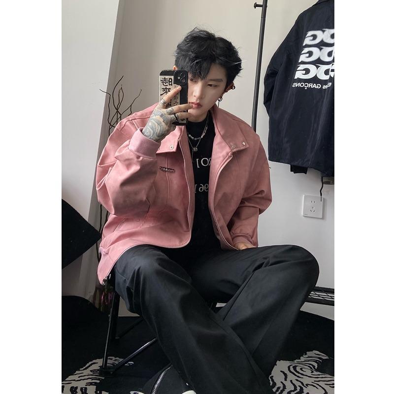 Herren Trendige Amerikanische Retro Pink Leder Motorrad Bomberjacke - High-End Frühling/Herbst Harrington Stil