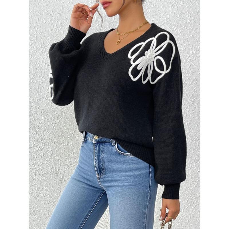 Women S V Neck Pullover Sweater With Flower Embroidery Casual Style