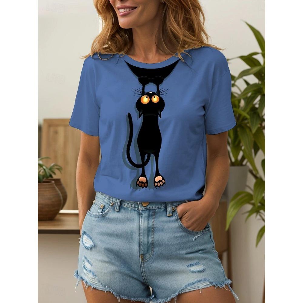 Letní Vzor Zvíře Kočka Potisk Móda Klasický Krátký Rukáv Kulatý Výstřih Top Oversized Dámské Oblečení