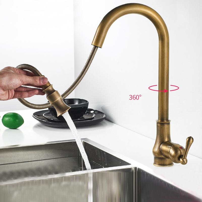 Antique Brass Kitchen Faucet Pull Out Spout Kitchen Faucets Black Single Hole Swivel Hot Cold Water Kitchen Mixer Tap Black