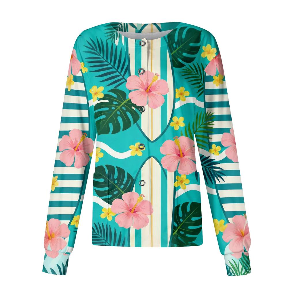 Women's Casual Long Sleeve Single Breasted Hawaiian Floral Print Nurse Jacket Cardigan Top Lightweight Comfortable Workwear