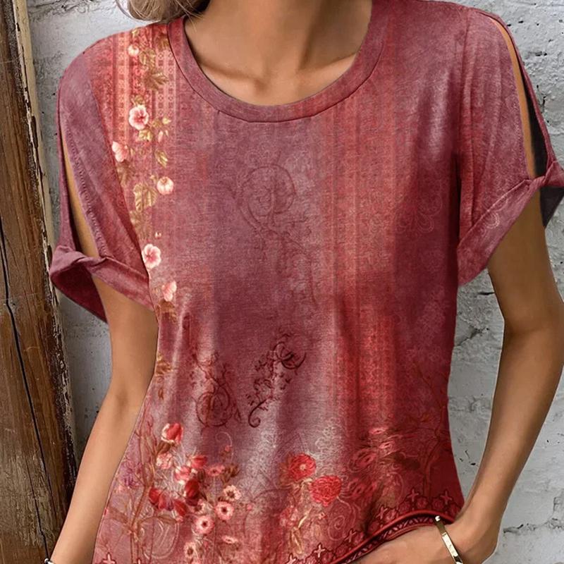 Primavera e verão nova camiseta feminina casual e confortável estilo étnico estampado de manga curta