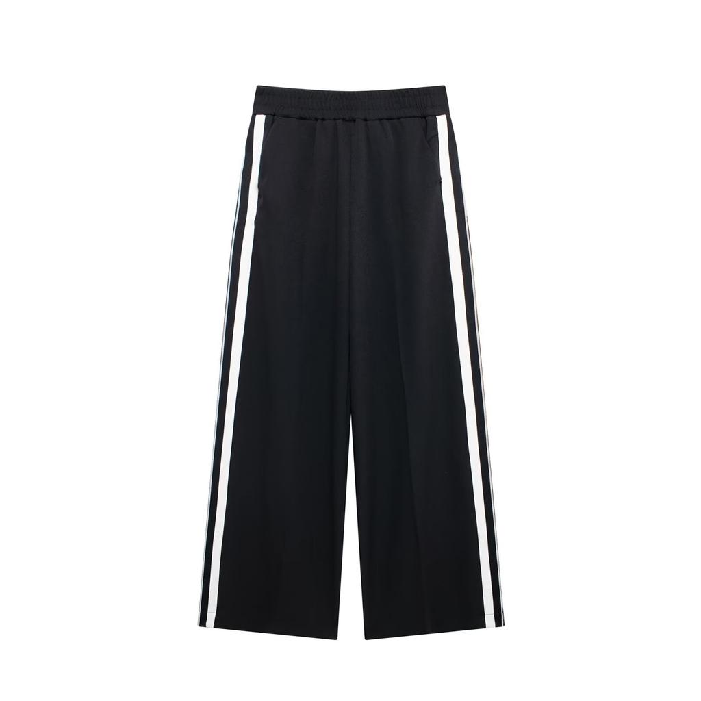 Women Casual Black Trousers Suits Sports Short Jacket Vinatge Black White Patchwork Baggy Pants Street